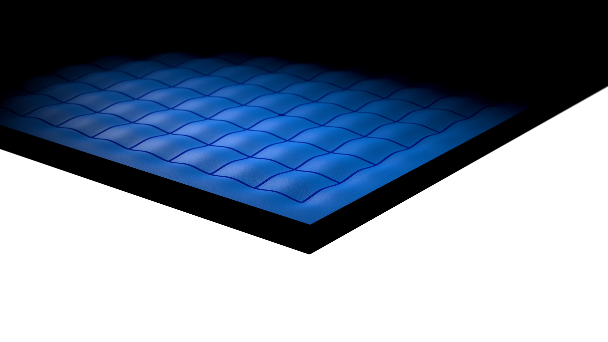 A blue Sine board corner receding into darkness, with grazing light across its waved surface.