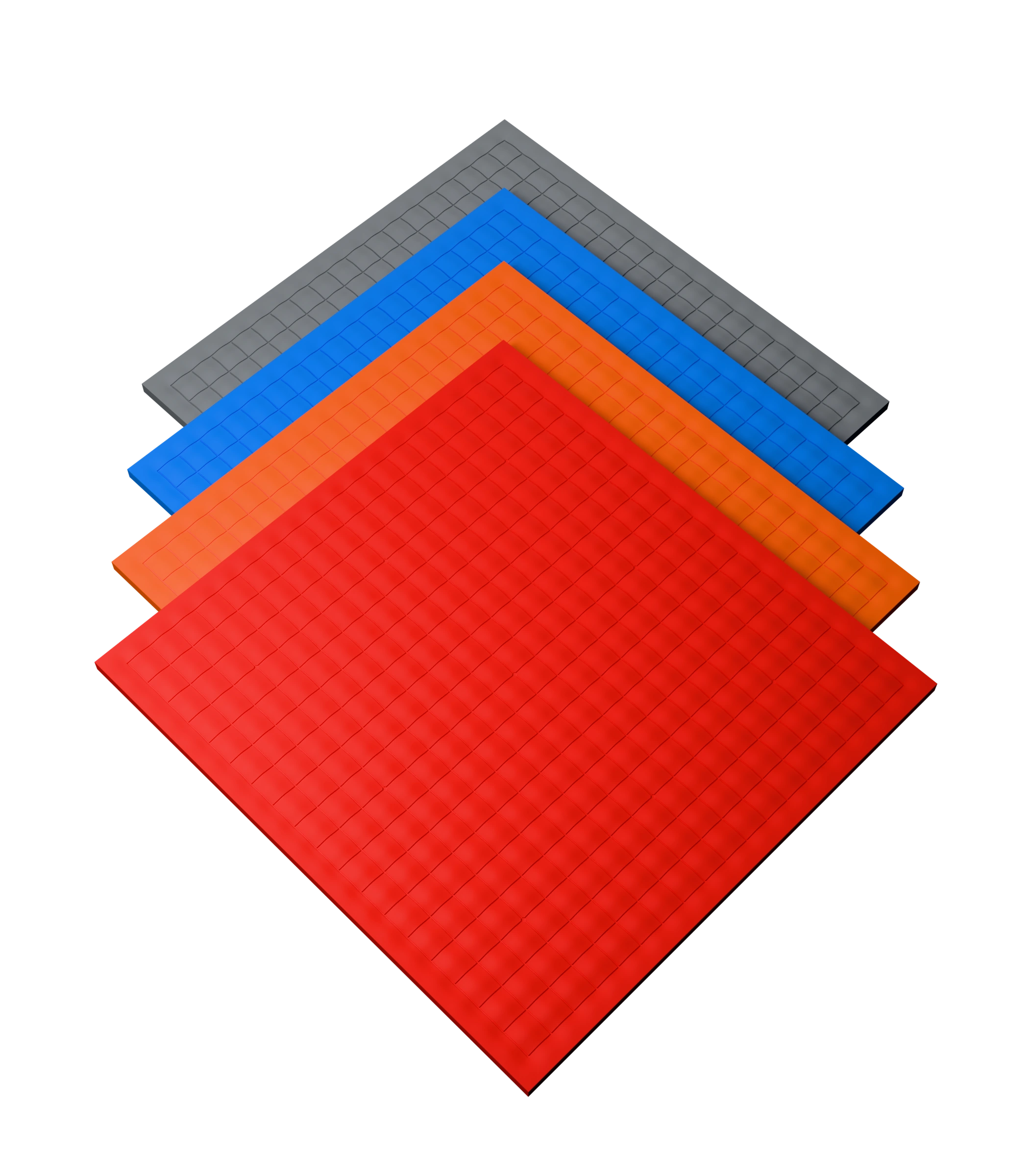 Red, orange, blue and grey Sine boards in a staggered stack, with empty playing surfaces and no stones. No color selected.