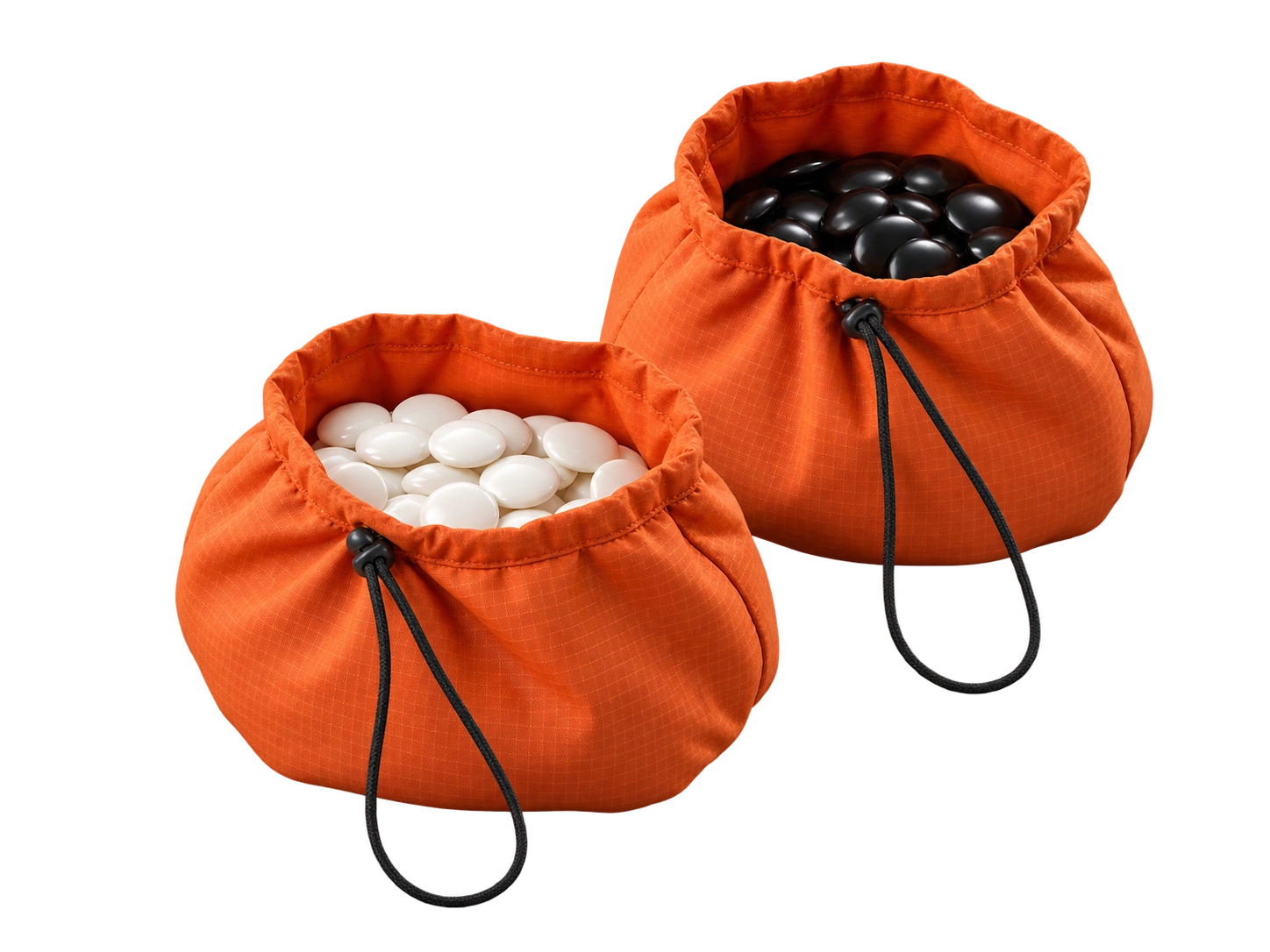 Two orange ripstop drawstring bags, one filled with black Go stones and one with white Go stones