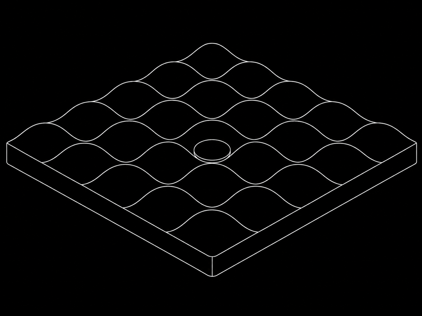 Line drawing, isometric view of the board's wave surface, with a stone seated in a pocket.