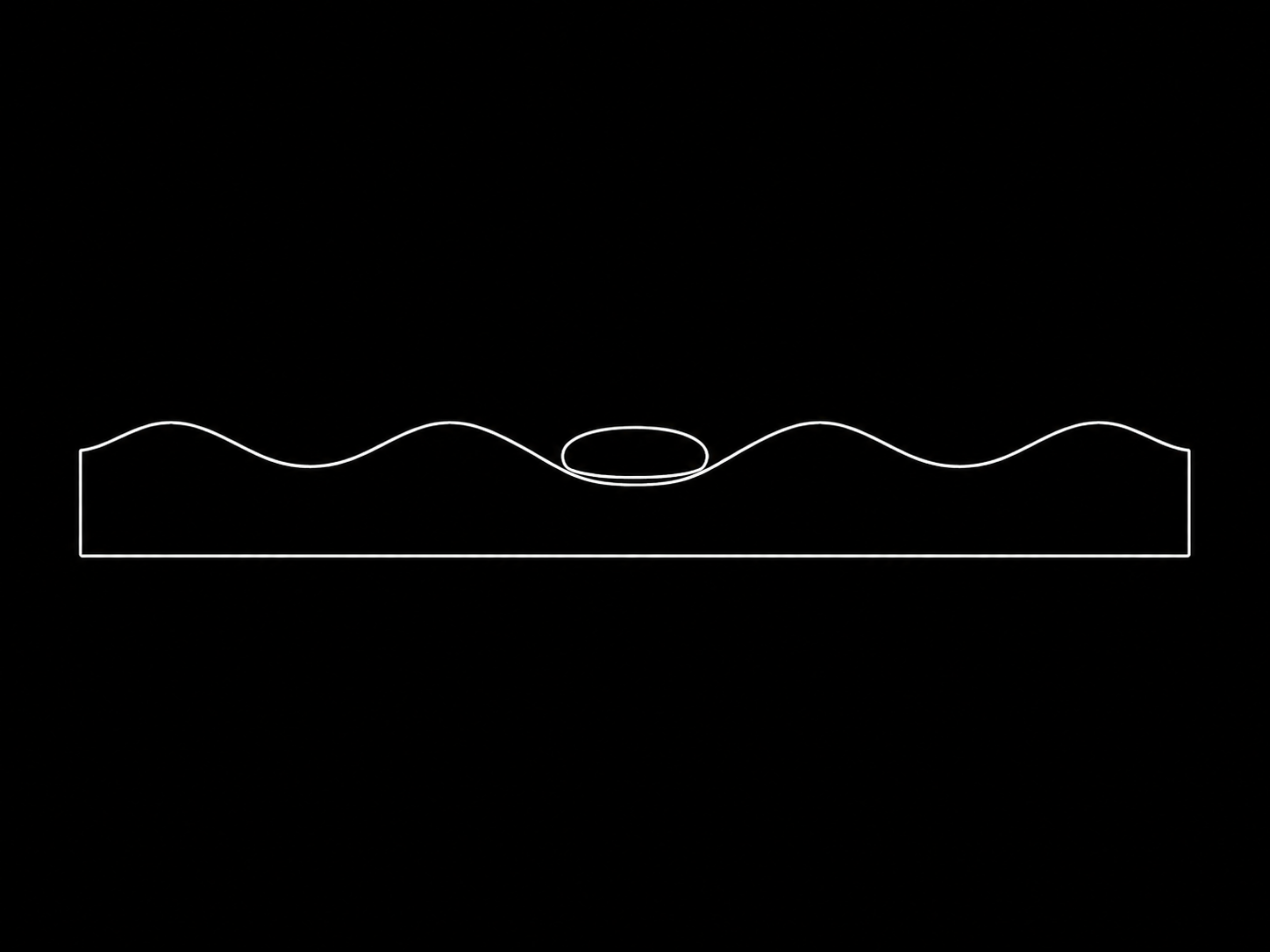Line drawing, side section of the board. A shallow wave across the top, with a stone resting in a pocket where the grid lines cross.