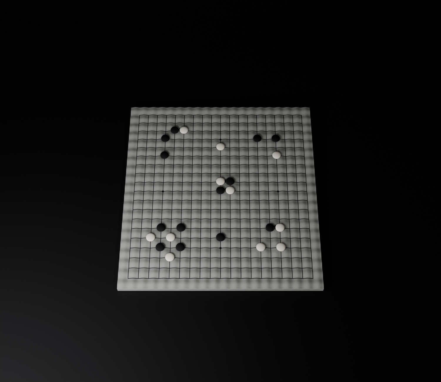 A gray Sine board seen from above at an angle, the full 19 by 19 wave grid with black and white stones in play.