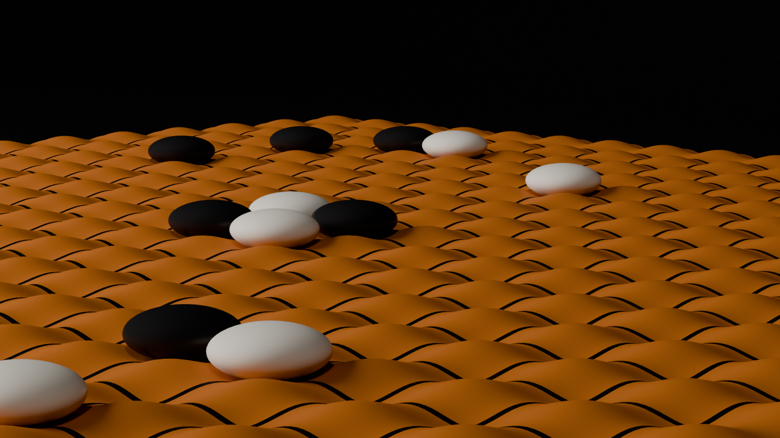 Detail of an orange board with black and white stones across the wave.