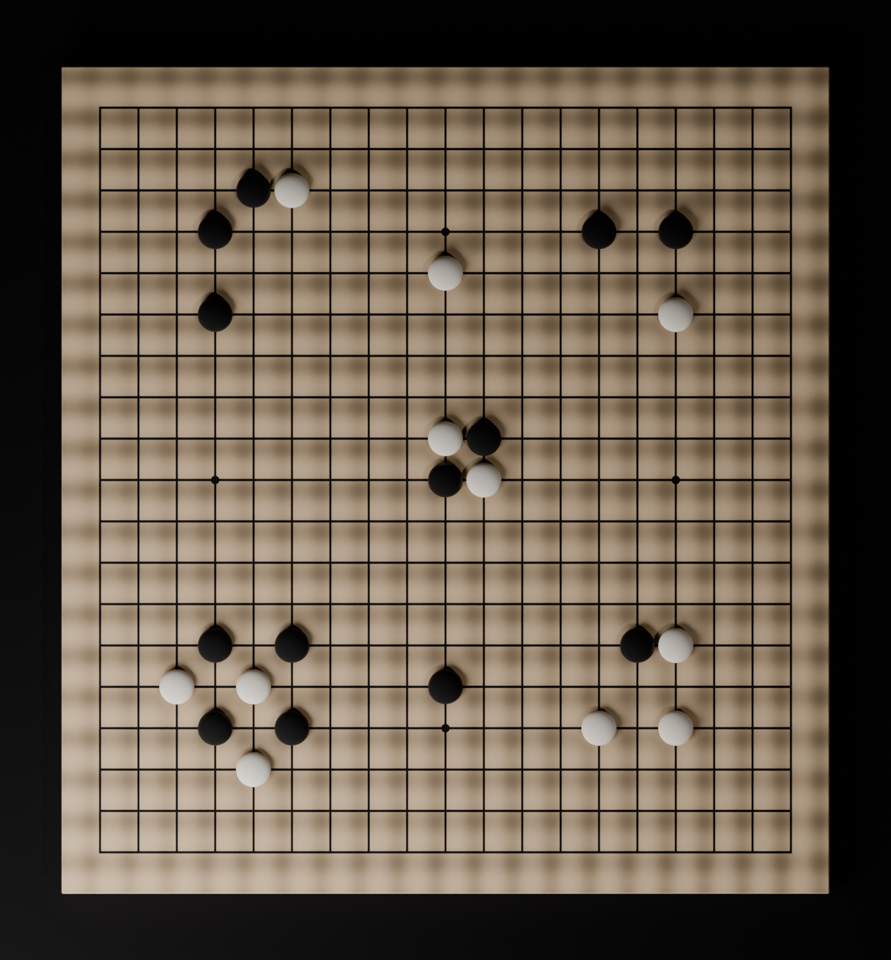 Top-down view of a tan board, the full 19 by 19 grid reading cleanly from above.